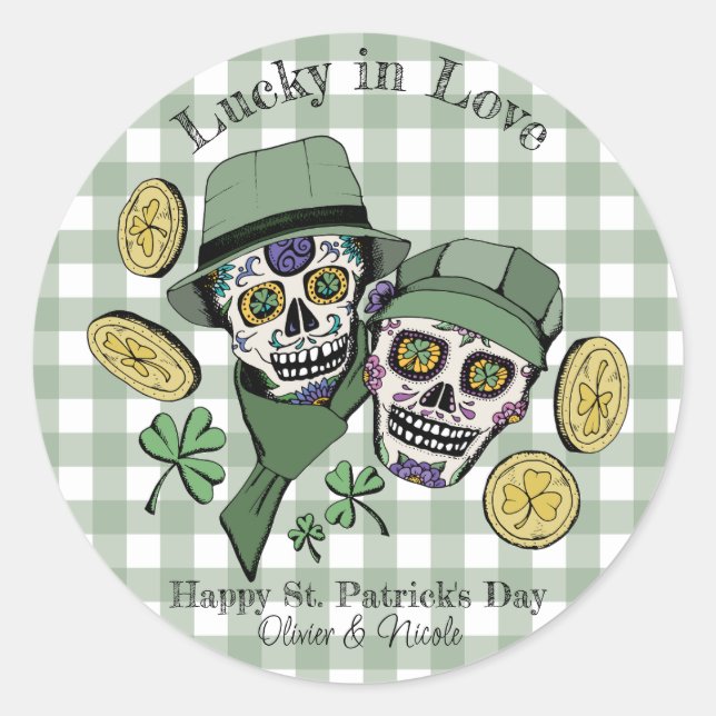 St Patricks Custom Name Green Skull Lucky in Love Classic Round Sticker (Front)