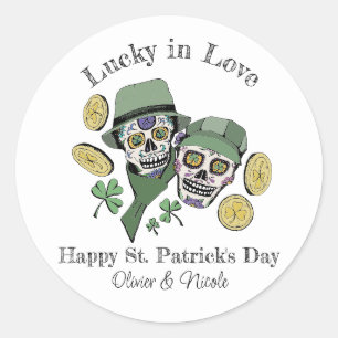 St Patricks Custom Name Green Skull Lucky in Love Classic Round Sticker