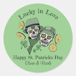 St Patricks Custom Name Green Skull Lucky in Love Classic Round Sticker
