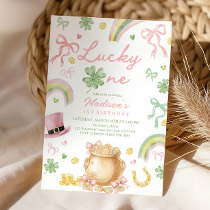 St Patrick's Day 1st Birthday Invitation Pink Bow