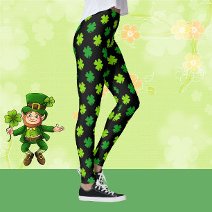 St. Patrick's Day 4 Leaf Clover Green Black Cute Leggings