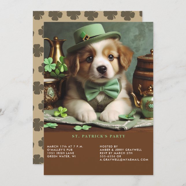St Patrick's Day Adorable Puppy Green Hat Bow Tie Invitation (Front/Back)