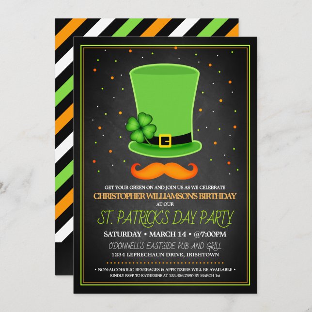 St. Patrick's Day Adult Birthday Party Invitations (Front/Back)