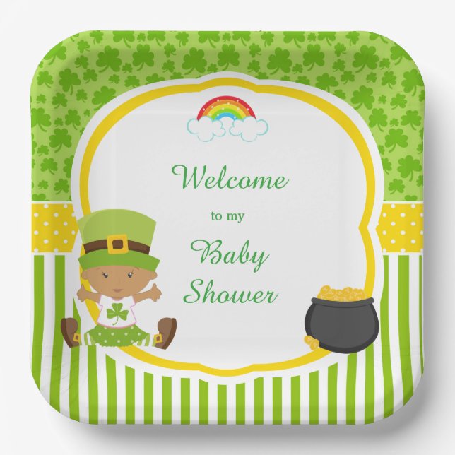 St Patrick's Day African American Girl Baby Shower Paper Plate (Front)