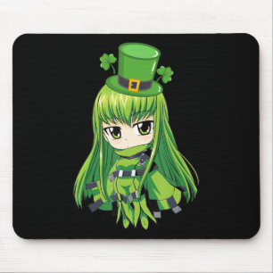 St. Patrick's Day Anime Girl with Shamrocks Mouse Pad