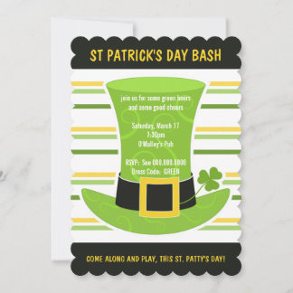 St Patrick's Day Bash Green Top Hat Stripes Invite
