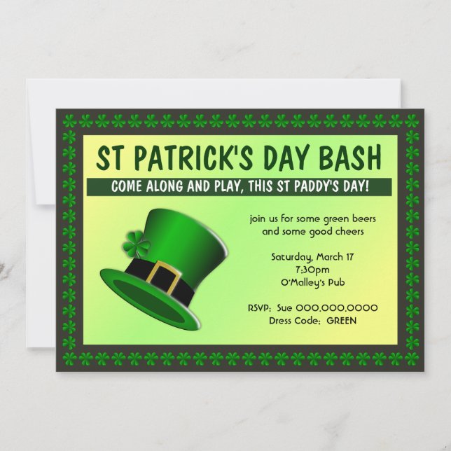 St Patrick's Day Bash Hat Invitation (Front)