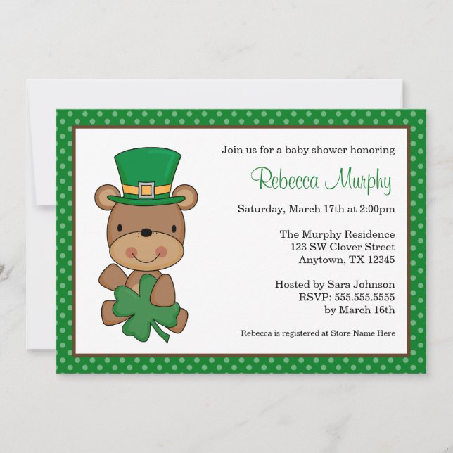 St. Patrick's Day Bear Clover Baby Shower Invitation (Front)