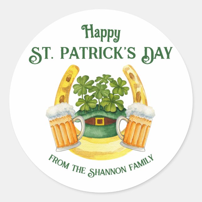 St. Patrick's Day Beer Mugs and Lucky Horseshoe Classic Round Sticker (Front)