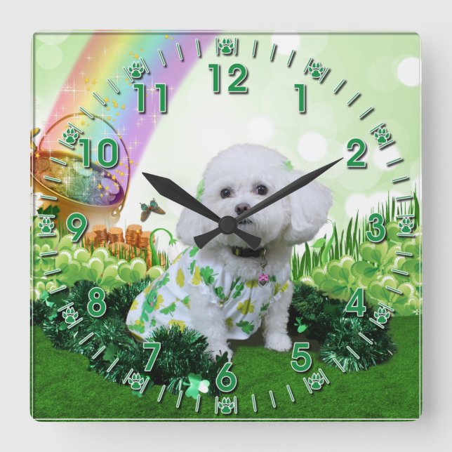 St Patrick's Day - Bichon Frise - Mia Square Wall Clock (Front)