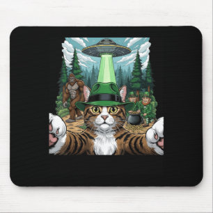 St Patricks Day Bigfoot Leprechaun Cat UFO Funny Mouse Pad