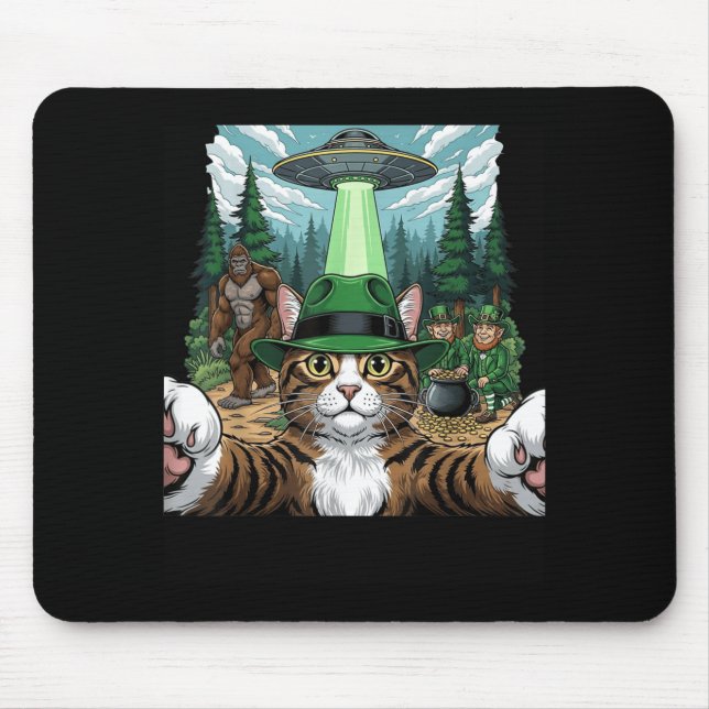 St Patricks Day Bigfoot Leprechaun Cat UFO Funny Mouse Pad (Front)