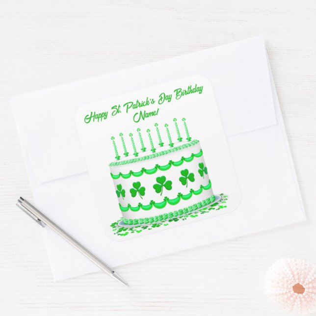 St Patrick's Day Birthday Cake Custom Candles Square Sticker (Envelope)