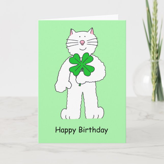 St Patrick's Day Birthday Cat With Shamrock Card (Front)