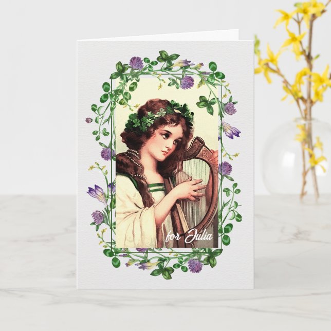 St. Patrick's Day Birthday. Irish Girl with Harp Card (Yellow Flower)