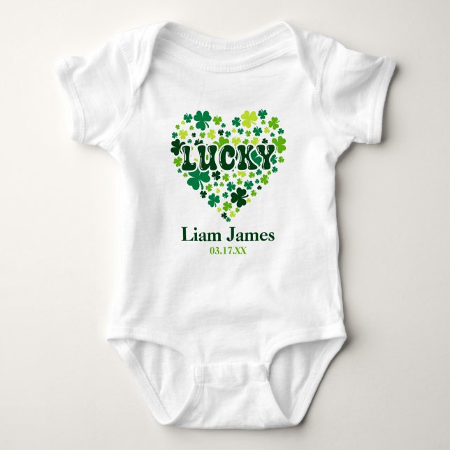 St. Patrick's Day Birthday Lucky Heart Custom Name Baby Bodysuit (Front)