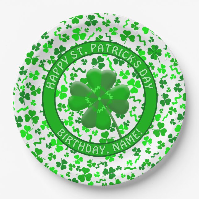 St Patrick's Day Birthday Shamrocks Personalized Paper Plate (Front)