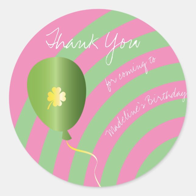 St Patricks Day Birthday Thank You Shamrock Pink Classic Round Sticker (Front)