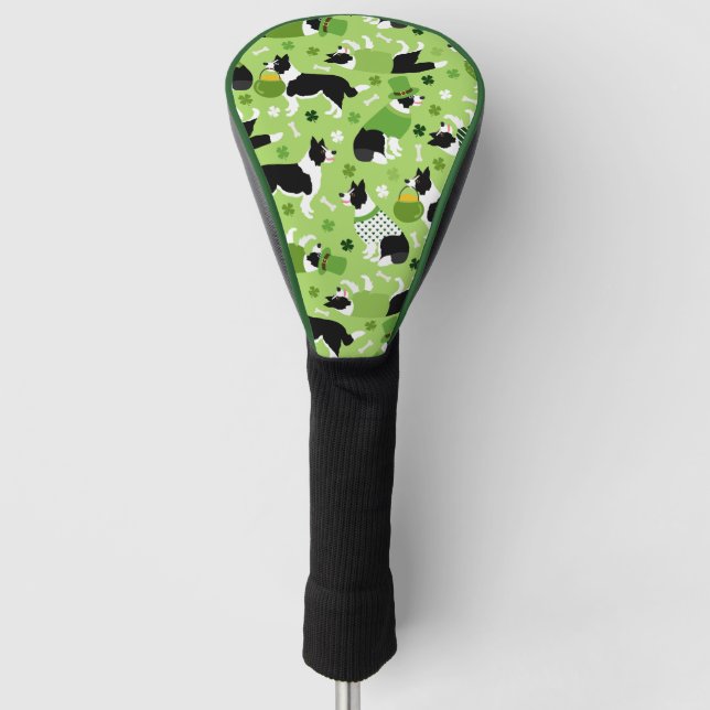 St. Patrick's Day Border Collie Pattern Golf Head Cover (Front)