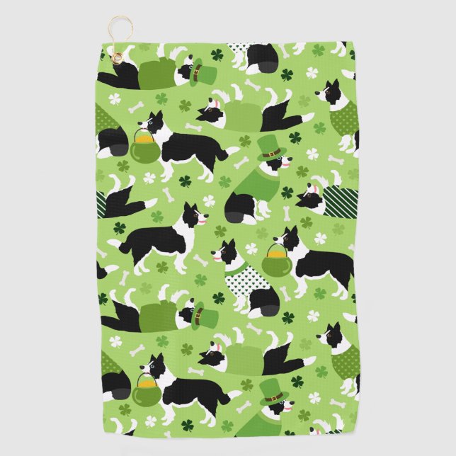 St. Patrick's Day Border Collie Pattern Golf Towel (Front)
