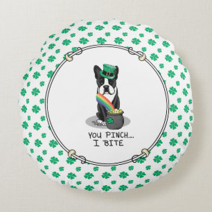 St. Patrick's Day Boston Terrier (black) Cute Dog Round Cushion