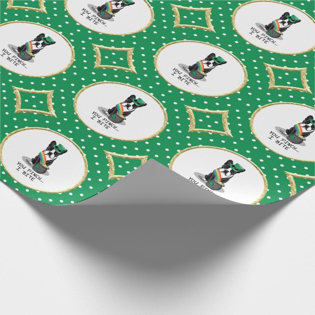 St. Patrick's Day Boston Terrier Dog (black) Funny Wrapping Paper (Corner)