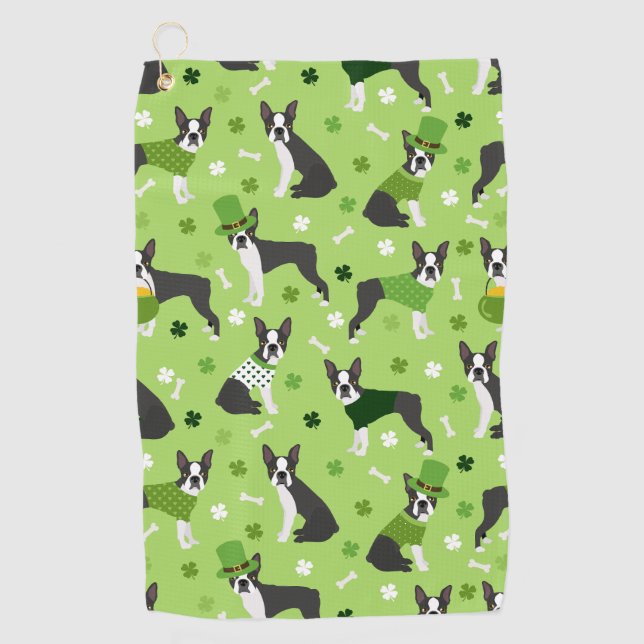 St. Patrick's Day Boston Terrier Golf Towel (Front)