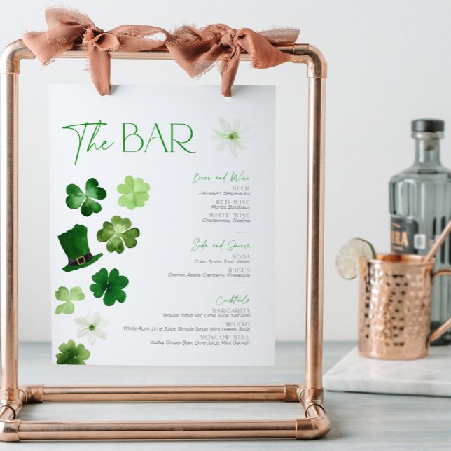 St. Patrick's Day Bridal Bar Menu Cocktail Drinks Pedestal Sign (St. Patricks Day Bar Menu Sign)