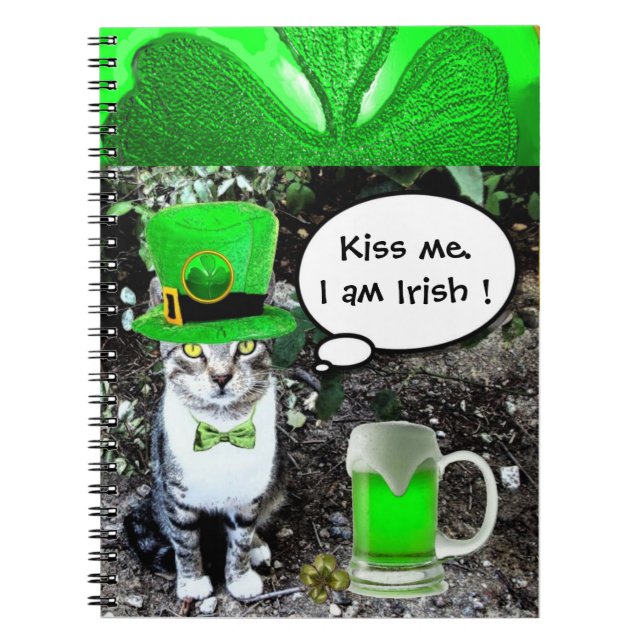 ST PATRICK'S DAY CAT AND GREEN IRISH BEER SPIRAL NOTEBOOK (Front)