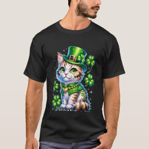 St Patricks Day Cat Leprechaun Hat Shamrock Girls  T-Shirt