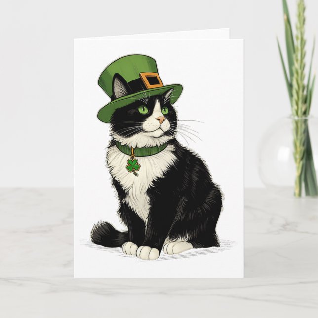 St Patricks Day Cat Leprechaun Shamrock Cat Kitten Card (Front)