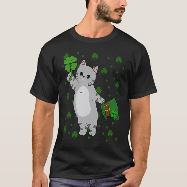 St Patrick's Day Cat Shamrock Pattern St Patrick's T-Shirt (Front)