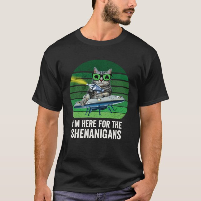 St Patricks Day Cat UFO Space Shenanigans T-Shirt (Front)