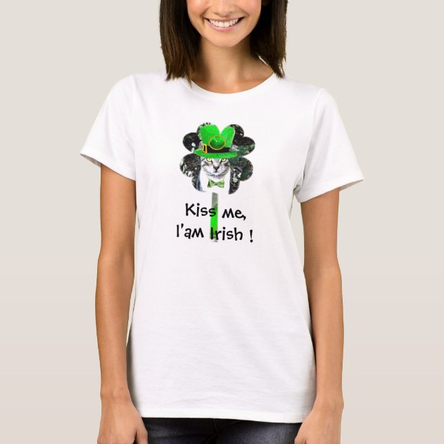 ST PATRICK'S DAY CAT WITH GREEN CLOVER T-Shirt (Front)