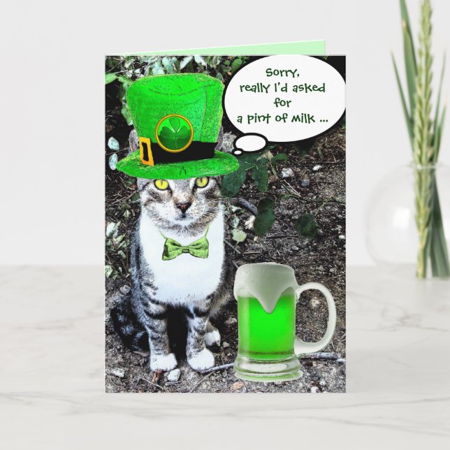 ST PATRICK'S  DAY CAT  WITH GREEN IRISH BEER CARD (Front)
