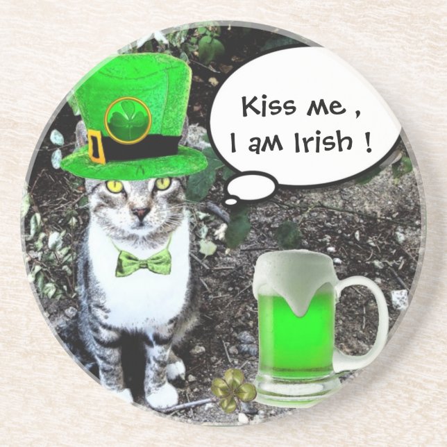 ST PATRICK'S  DAY CAT  WITH GREEN IRISH BEER COASTER (Front)