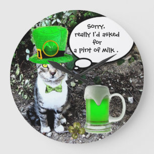 ST PATRICK'S DAY CAT WITH GREEN IRISH BEER LARGE CLOCK