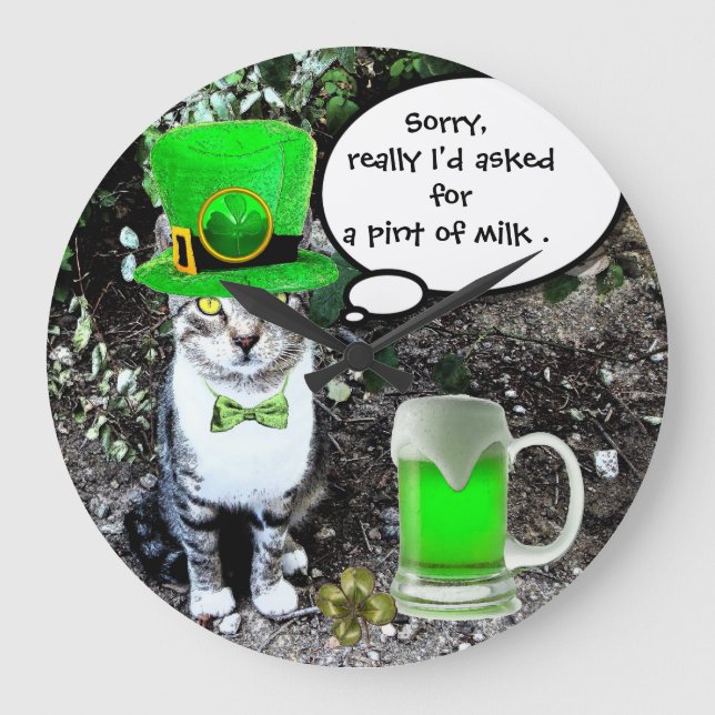 ST PATRICK'S DAY CAT WITH GREEN IRISH BEER LARGE CLOCK (Front)
