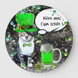 ST PATRICK'S DAY CAT WITH GREEN IRISH BEER LARGE CLOCK