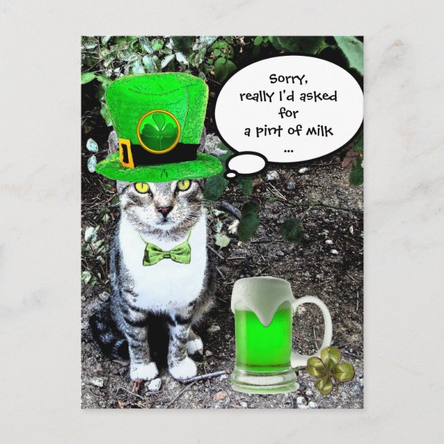 ST PATRICK'S DAY CAT WITH GREEN IRISH BEER POSTCARD (Front)