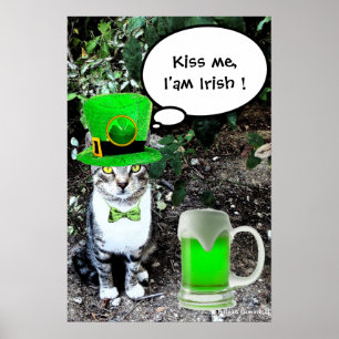 ST PATRICK'S  DAY CAT  WITH GREEN IRISH BEER POSTER