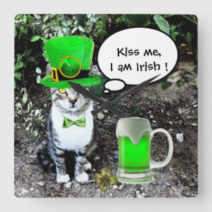 ST PATRICK'S DAY CAT WITH GREEN IRISH BEER SQUARE WALL CLOCK