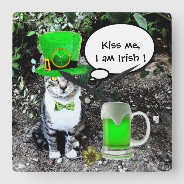 ST PATRICK'S DAY CAT WITH GREEN IRISH BEER SQUARE WALL CLOCK (Front)