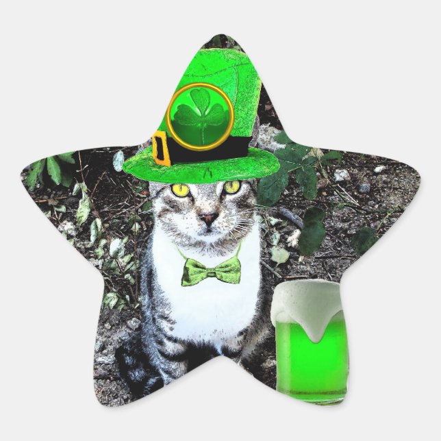 ST PATRICK'S  DAY CAT  WITH GREEN IRISH BEER star Sticker (Front)