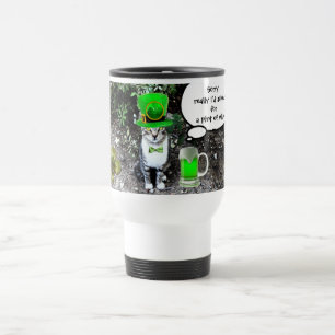 ST PATRICK'S DAY CAT WITH GREEN IRISH BEER TRAVEL MUG