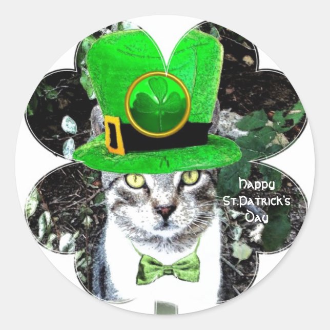 ST PATRICK'S  DAY CAT  WITH LEPRECHAUN HAT CLOVER CLASSIC ROUND STICKER (Front)