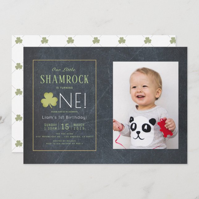 St. Patrick's Day Chalkboard Photo 1st Birthday Invitation (Front/Back)