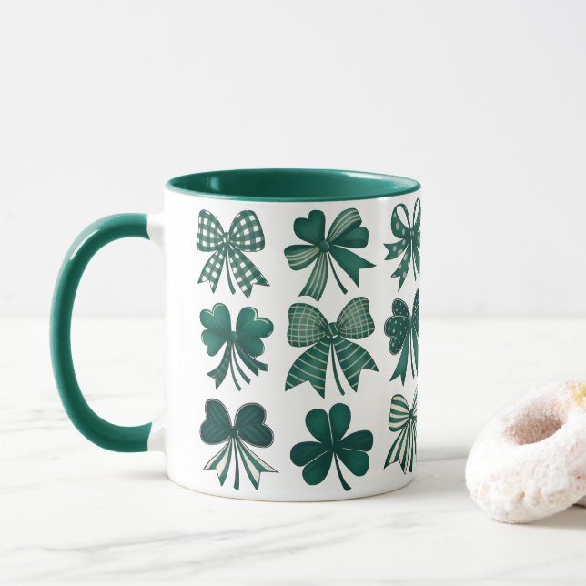 St. Patrick's Day Coquette Bows Shamrocks Mug (With Donut)