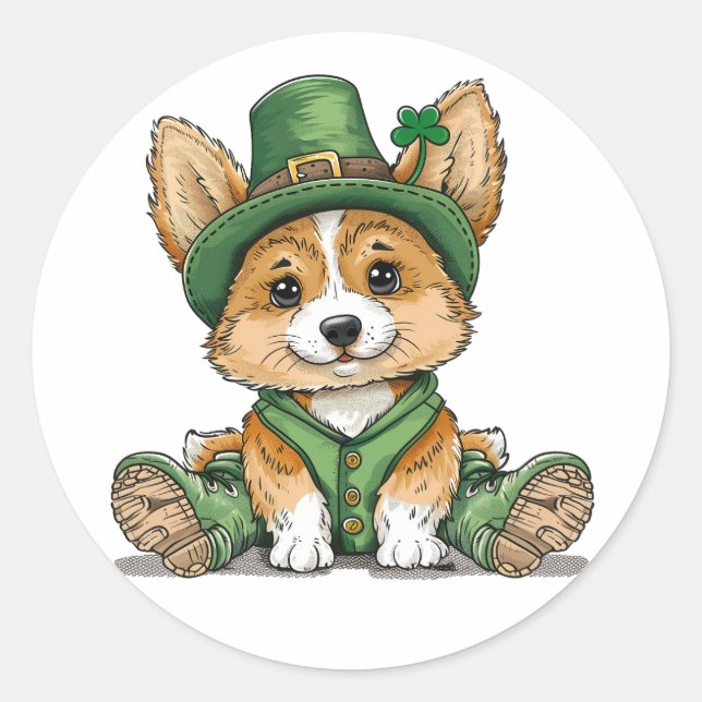 St. Patrick's Day Corgi Dog Classic Round Sticker (Front)