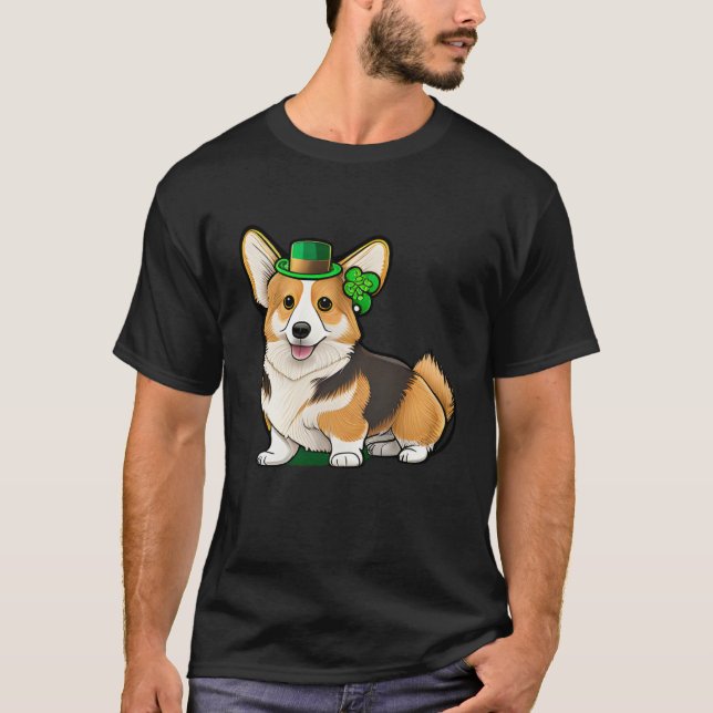 St Patrick's Day Corgi Dog Irish Shamrock Leprecha T-Shirt (Front)